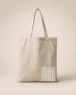 Beige tote bag with a geometric pattern on a beige background
